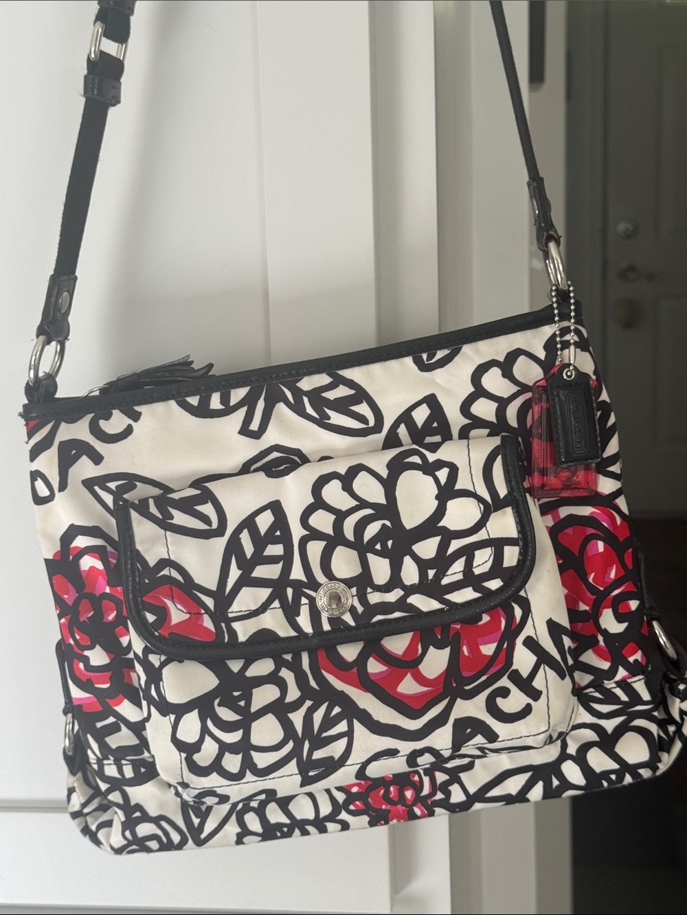 Coach Poppy Black and Red Floral Print Crossbody Bag